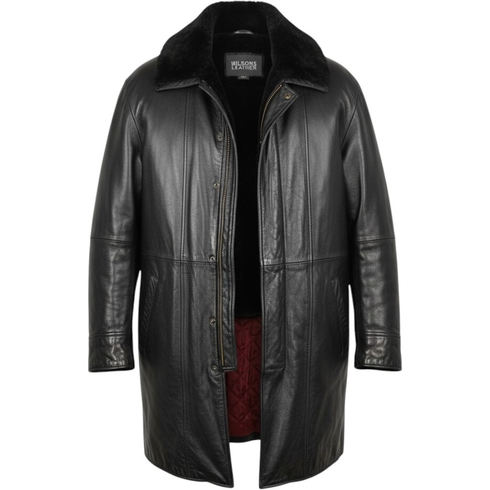 Wilsons Leather Trench Coat Mens XL Black Faux Fur Belted 90s Vintage RN 69426